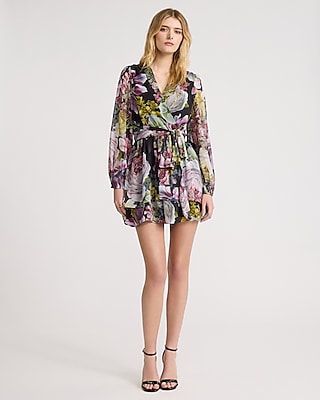 Floral V-Neck Long Sleeve Tie Waist Surplice Romper