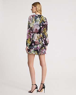 Floral V-Neck Long Sleeve Tie Waist Surplice Romper