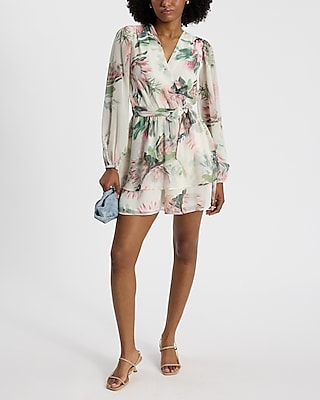 Floral V-Neck Surplice Tie Waist Romper