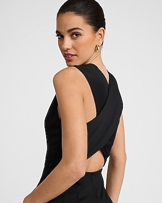 Signature Ponte V-Neck Cross Back Wide Leg Jumpsuit with Pockets