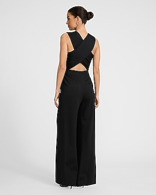 Signature Ponte V-Neck Cross Back Wide Leg Jumpsuit with Pockets