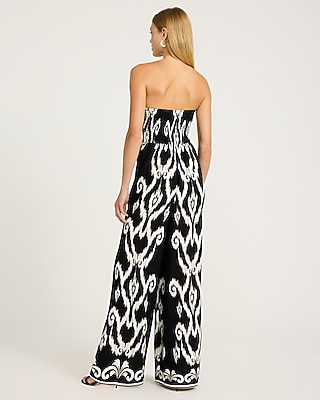 Printed Strapless Smocked Back Wide Leg Jumpsuit