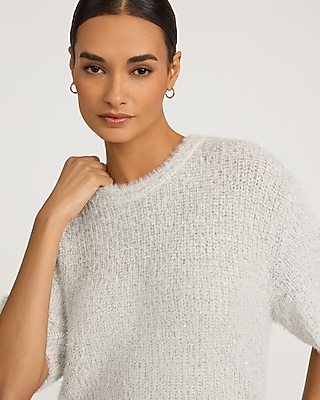 Fuzzy Sequin Crew Neck Short Sleeve Relaxed Sweater