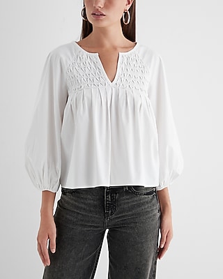Poplin Textured Pleated V-Neck Balloon Sleeve Top
