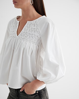 Poplin Textured Pleated V-Neck Balloon Sleeve Top