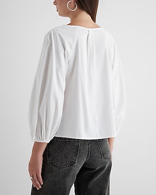 Poplin Textured Pleated V-Neck Balloon Sleeve Top