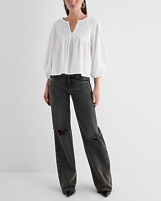 Poplin Textured Pleated V-Neck Balloon Sleeve Top