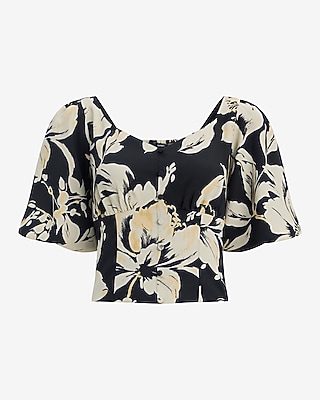 Crepe Floral Puff Sleeve Button Front Top