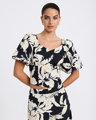 Crepe Floral Puff Sleeve Button Front Top
