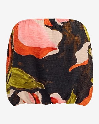 Floral Printed Strapless Bubble Cropped Top