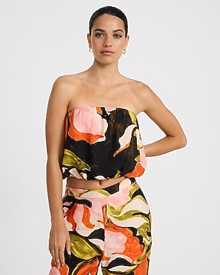 Floral Printed Strapless Bubble Cropped Top