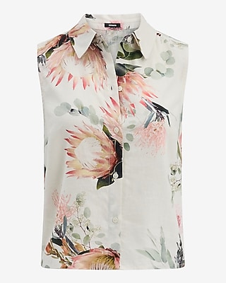 Linen-Blend Floral Sleeveless Portofino Shirt