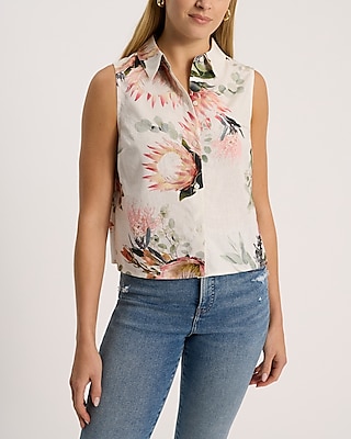 Linen-Blend Floral Sleeveless Portofino Shirt