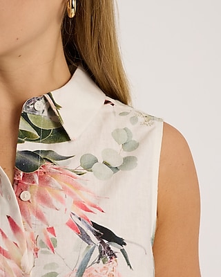 Linen-Blend Floral Sleeveless Portofino Shirt