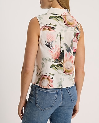 Linen-Blend Floral Sleeveless Portofino Shirt