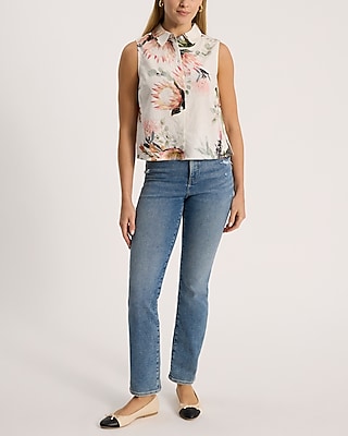 Linen-Blend Floral Sleeveless Portofino Shirt