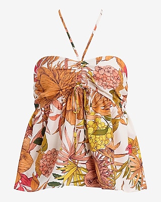 Floral Ruched Tie Halter Sleeveless Top