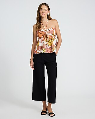 Floral Ruched Tie Halter Sleeveless Top