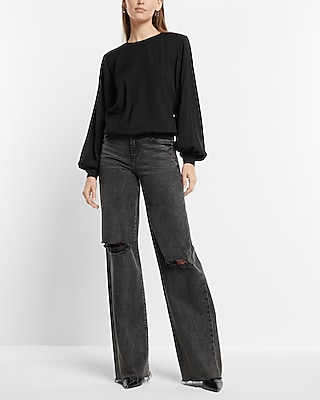 Satin Long Sleeve Padded Shoulder Top