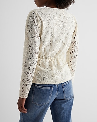 Lace V-Neck Long Sleeve Tie Waist Peplum Top