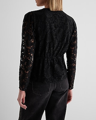 Lace V-Neck Long Sleeve Tie Waist Peplum Top
