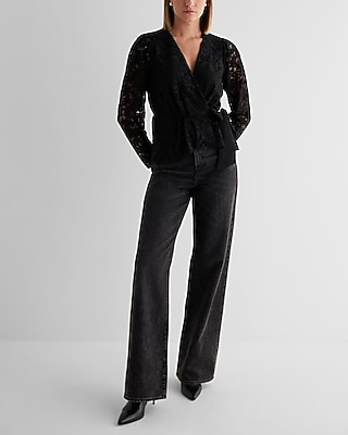 Lace V-Neck Long Sleeve Tie Waist Peplum Top