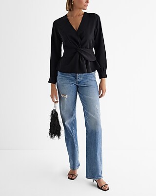 V-neck Long Sleeve Twist Front Top | Express