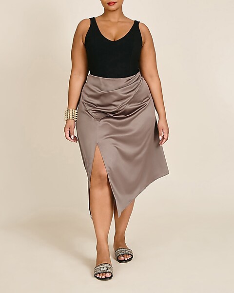 Honore Plus Size High Waisted Asymmetrical Midi Satin Skirt | Express