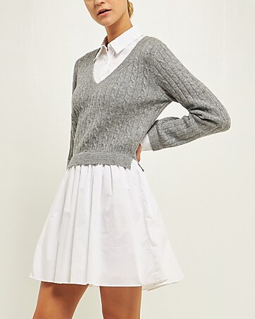 English Factory + Cable Knit Mixed Media Sweater Dress