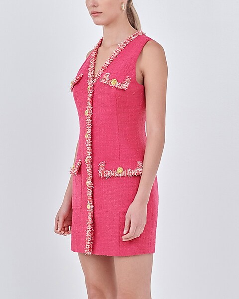 Pink Tweed Denim Trim Mini Dress