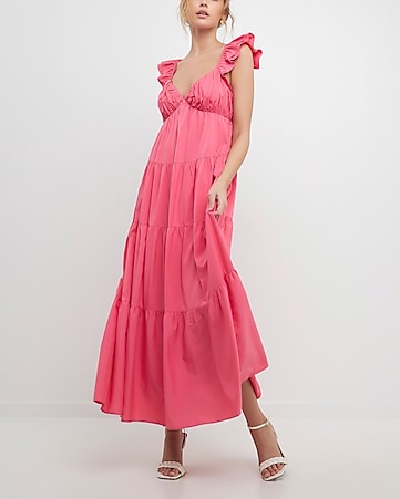Tiered ruffles pink maxi dress