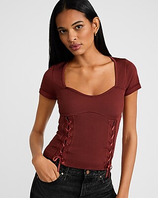 Body Contour Seamless Ribbed Sweetheart Lace Up Tee