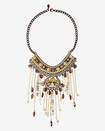 rhinestone and beaded chain fringe necklace