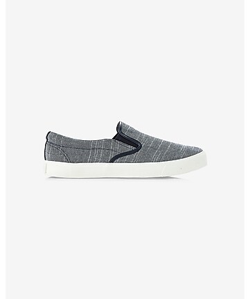 blue chambray slip-on sneakers